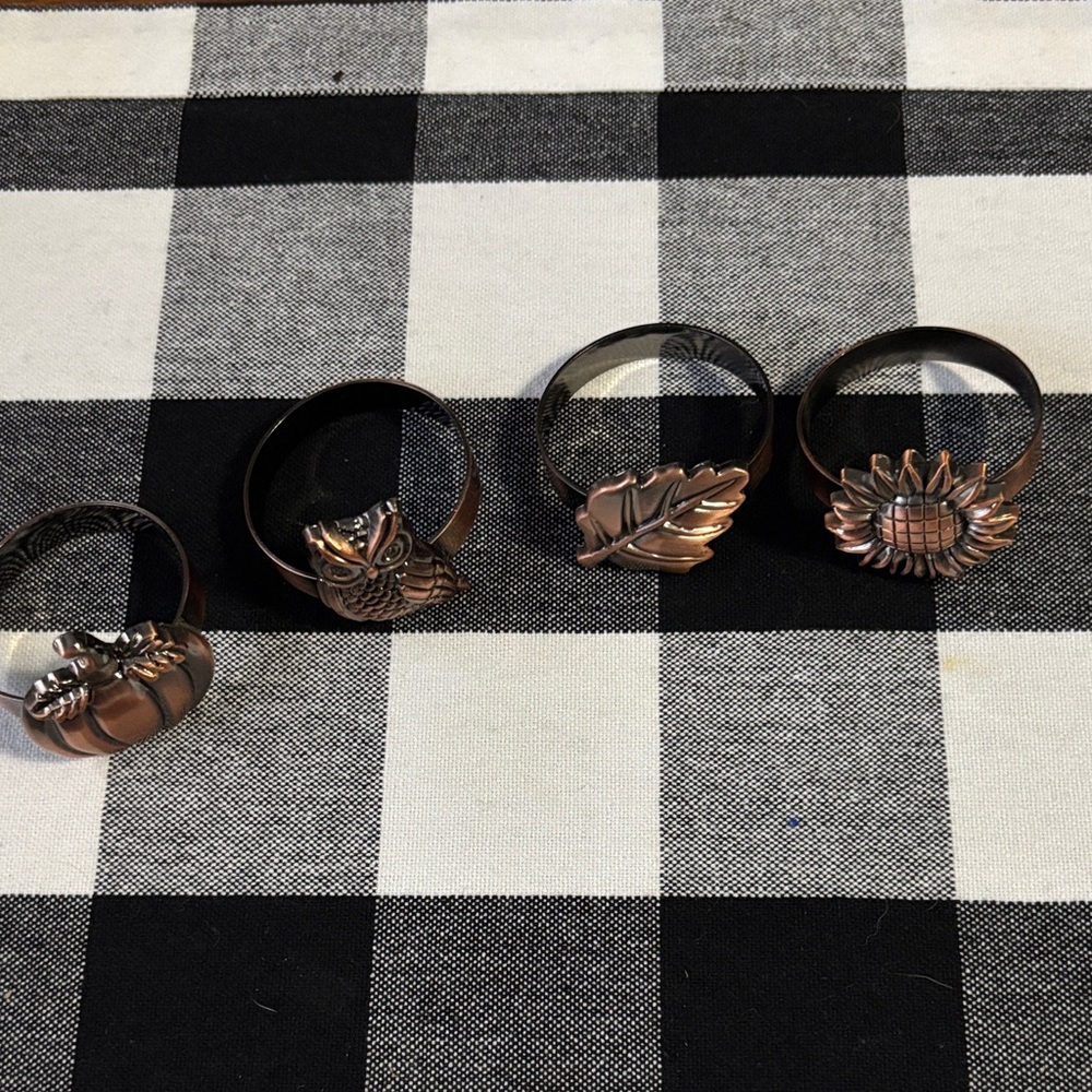 Fall metal napkin ring Set copper look pumpkin owl leaf sunflower